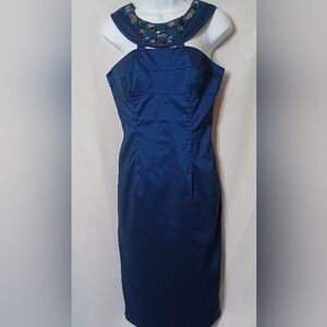 ADRIANNA PAPELL Blue Embellished Jeweled Gem Halter Midi Dress. Size 6
